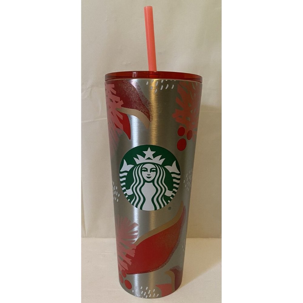 Starbucks Tumbler 2019 Holiday 24 oz Silver Holly Pink Stainless Steel w/ Straw